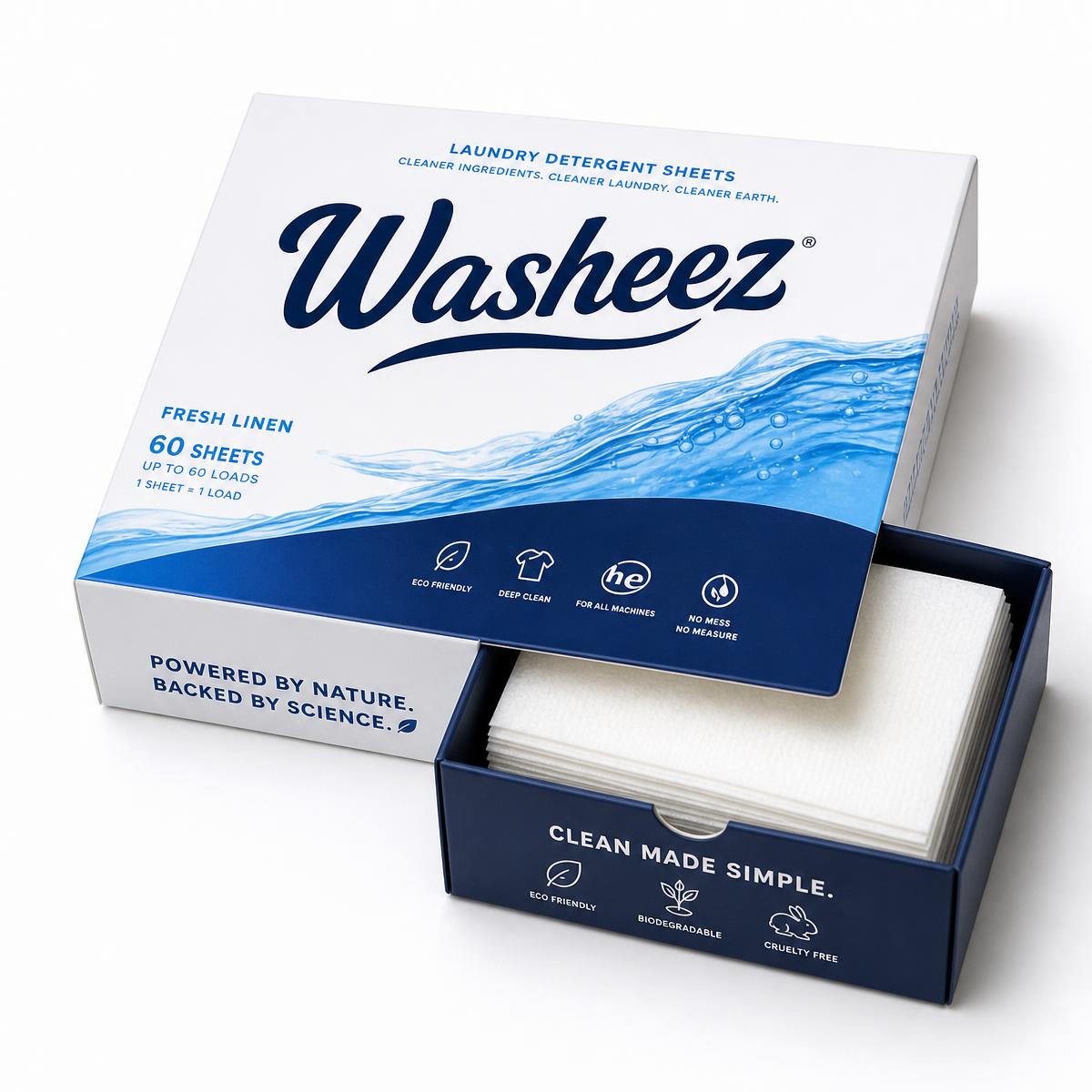 Open Washeez box showing detergent sheets